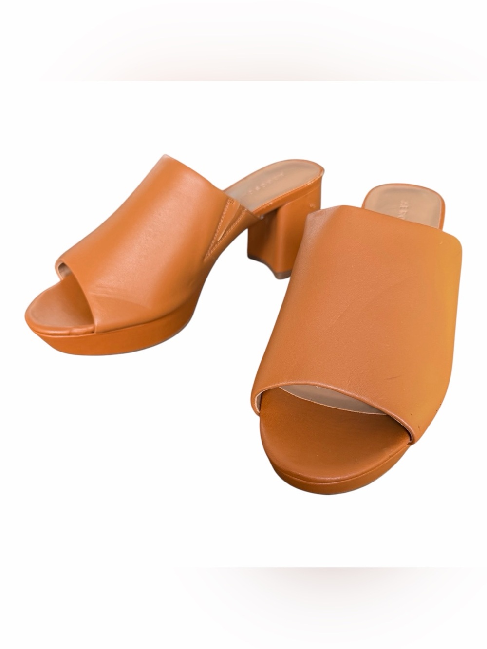 AEROSOLES Tan Open-Toe Platform Mule Heels